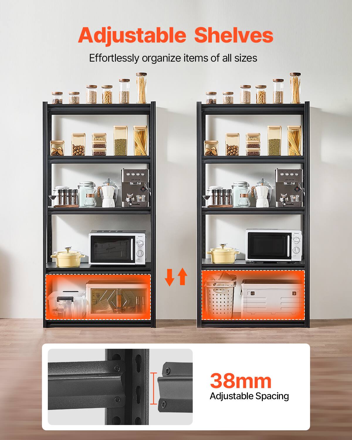 Adjustable Shelves, Effortlessly organize items of all sizes, 38mm Adjustable Spacing