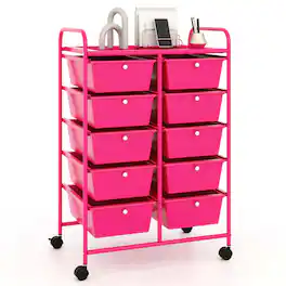Costway - 10-Drawer Storage Cart Utility Rolling Trolley Kitchen Organizer - Hot Pink