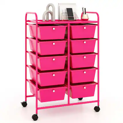 Front. Costway - Costway 10-Drawer Storage Cart Utility Rolling Trolley Kitchen Organizer - Hot Pink.