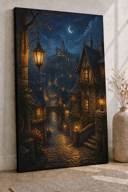 FC Design - Large Ready-to-Hang 24x36"- Enchanted Village Night Art Painting Home Wall Décor - MultiColor