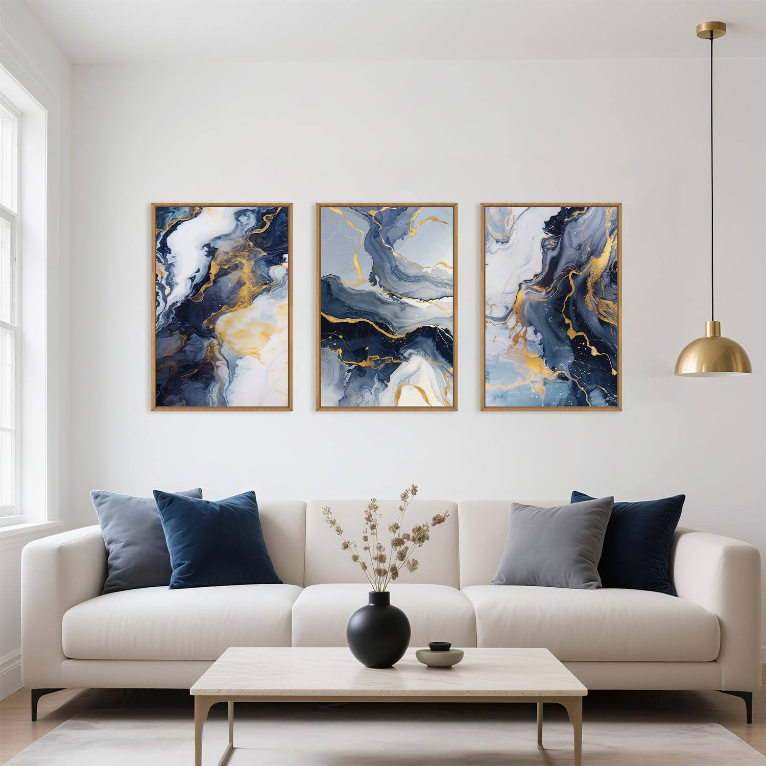 Alt View 1. Hirose Alice - Celestdeco Blue and Gold Framed Canvas Wall Art Set Mid-century Modern Abstract Wall Decor Navy Blue Ink Wash - brown ridge landscape 36"L x 24"W.