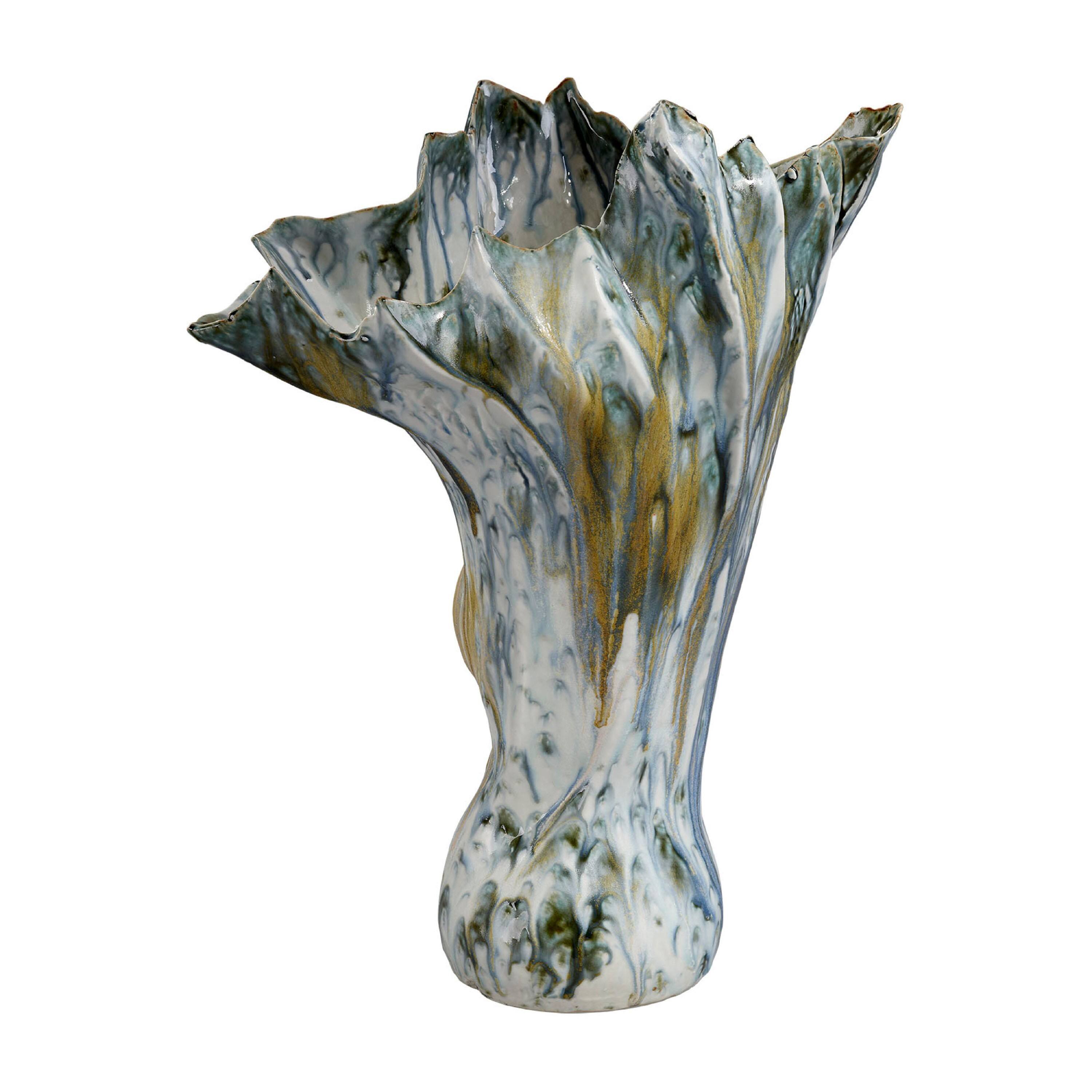 Angle. Manhattan Lane - Tery Decorative Vase, 16 Inch Glossy Ocean  Ceramic, Wavy Fishtail - Blue, White.