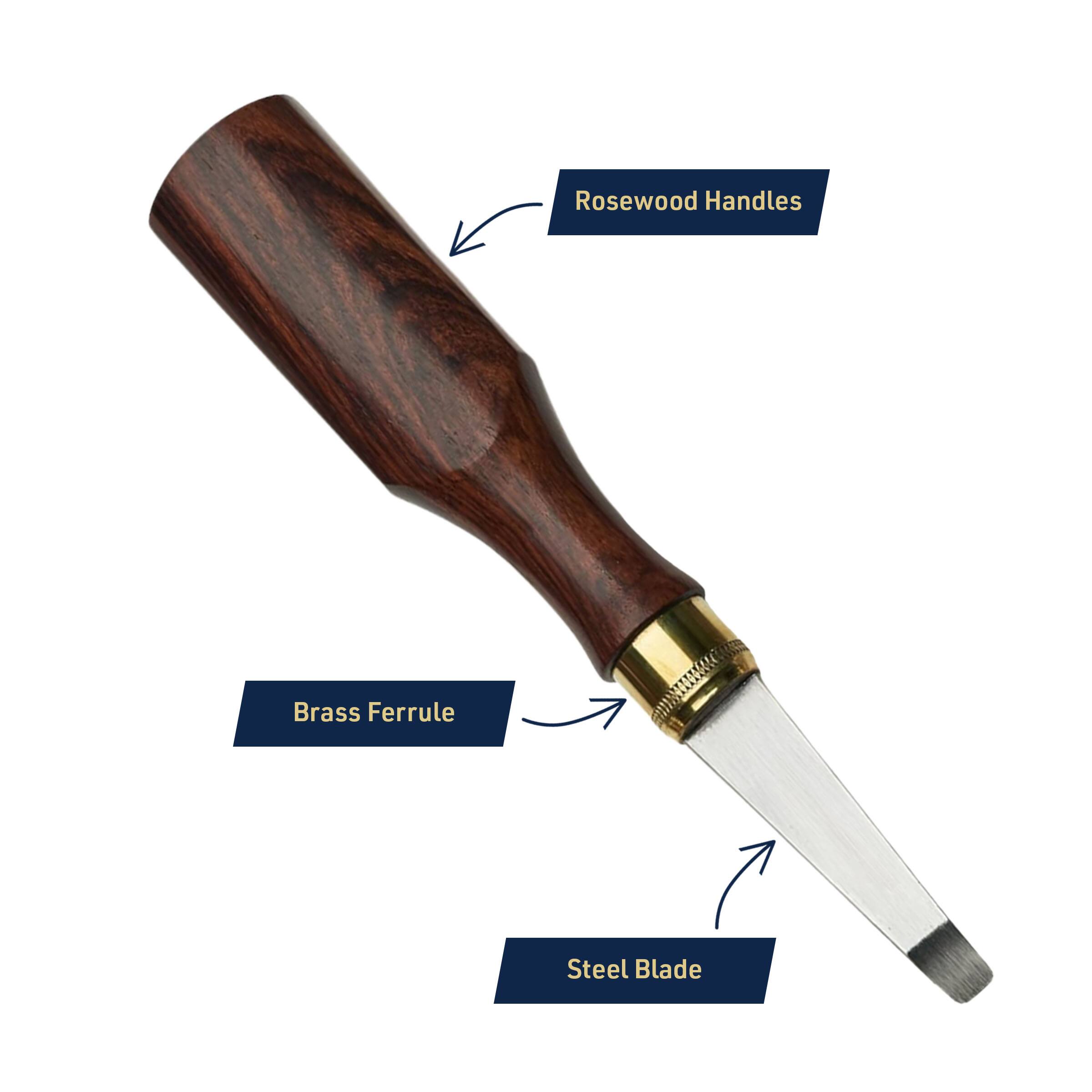 Rosewood Handles  
Brass Ferrule  
Steel Blade