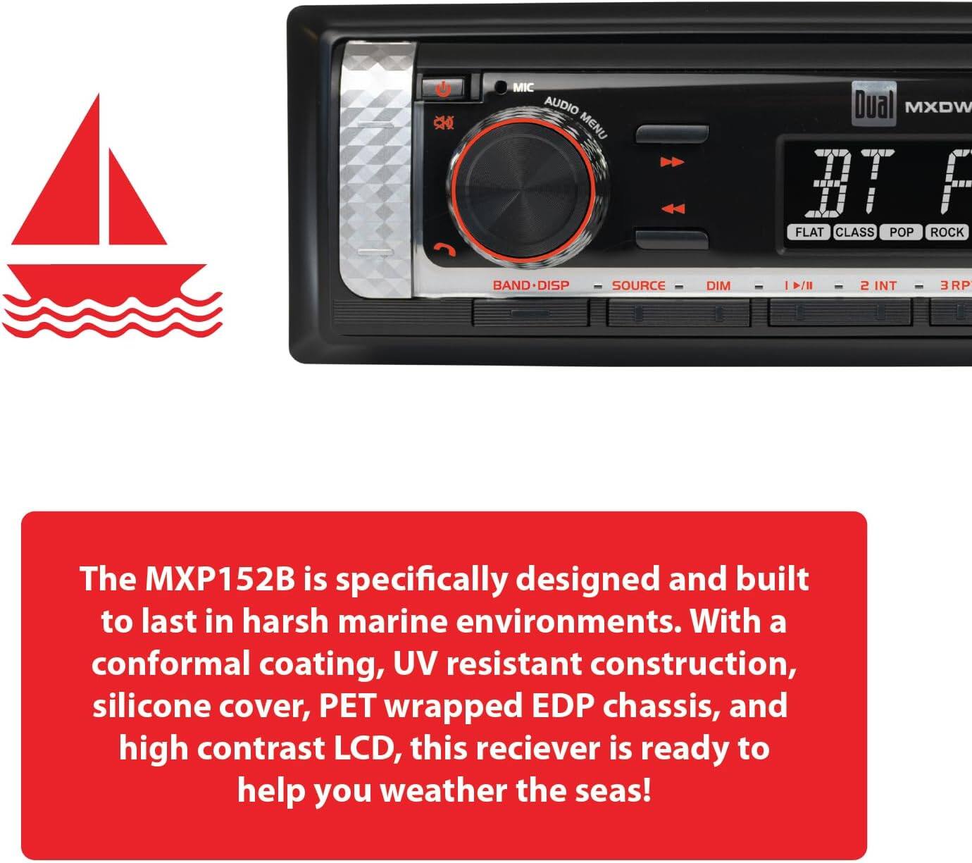 The MXP152B is specifically designed and built to last in harsh marine environments. With a conformal coating, UV resistant construction, silicone cover, PET wrapped EDP chassis, and high contrast LCD, this receiver is ready to help you weather the seas!