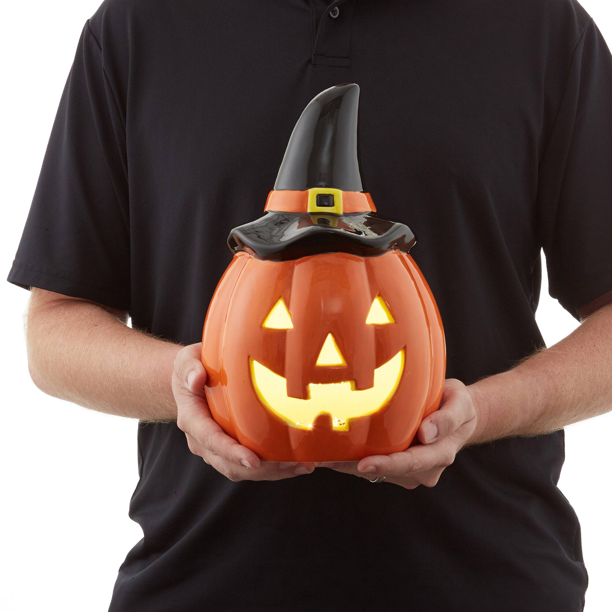 Alt View 3. Casafield - Pre-Lit Ceramic Halloween Hand-Painted Tabletop Indoor Home Decor - Orange Jack-o-Lantern.