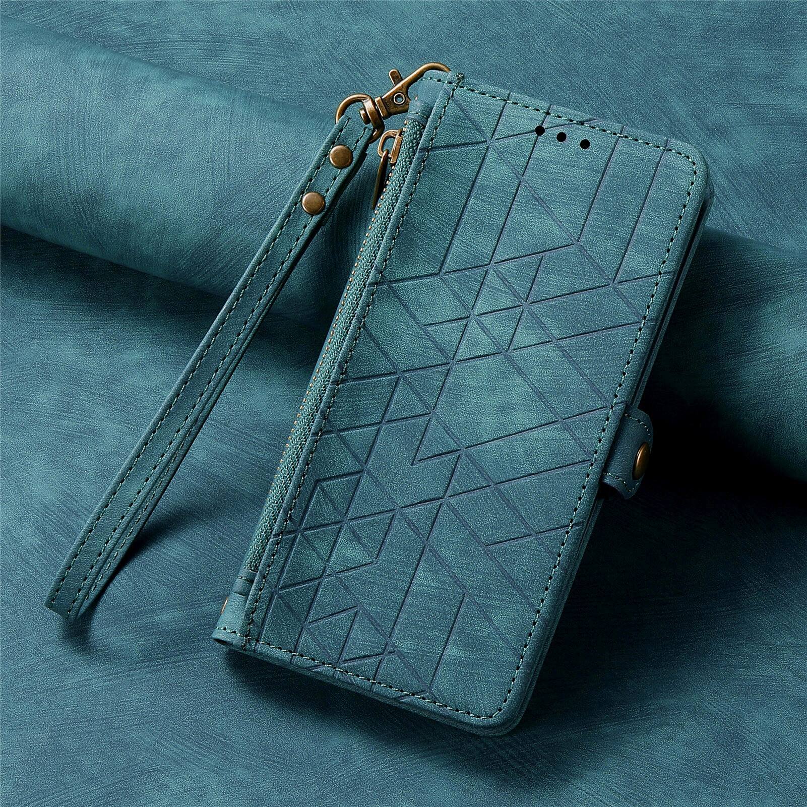 Back. Dteck - Magnetic Wallet Case For Apple iPhone 18 Pro Max, Shockproof Zipper Kickstand Card Holder with Lanyard Flip Cover - Green.