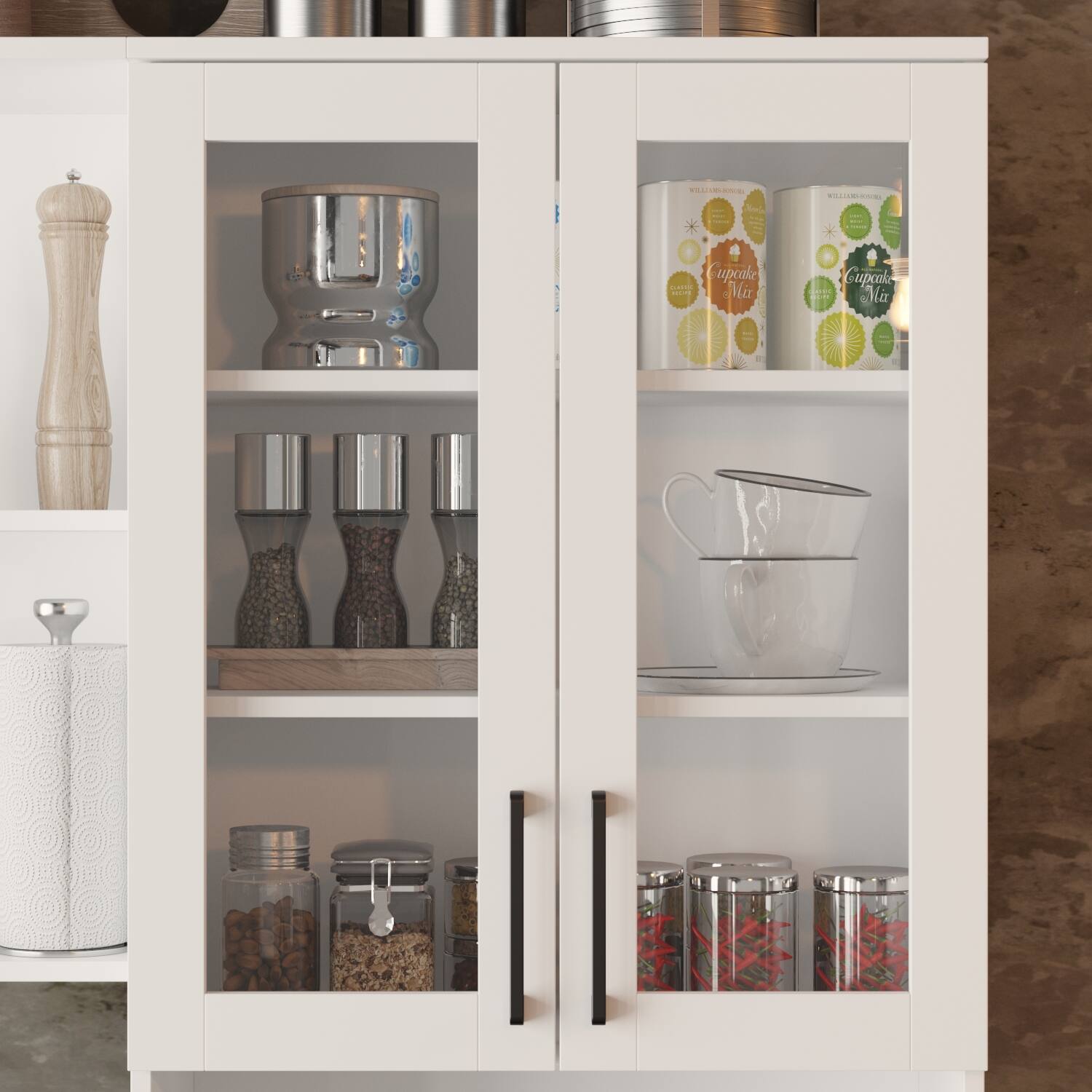 The image shows a kitchen cabinet with a variety of items stored inside. There are several canisters, including a coffee can, and a measuring cup. The cabinet also contains a spice rack with multiple bottles of spices. Additionally, there are two bowls, one on the top shelf and another on the bottom shelf. The cabinet is filled with various kitchen items, making it a functional and organized space for cooking and food storage.