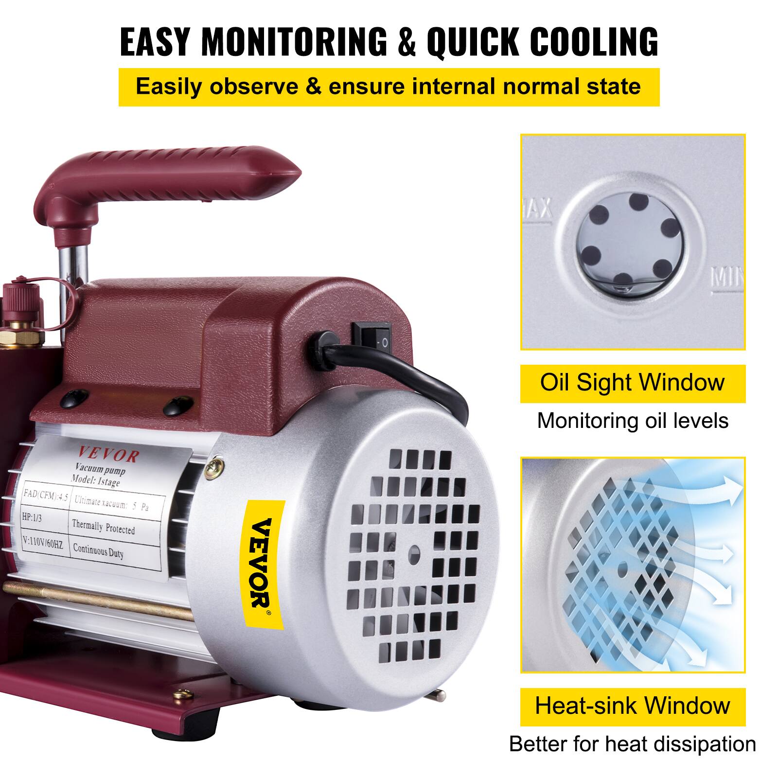 EASY MONITORING & QUICK COOLING  
Easily observe & ensure internal normal state  

AX MI 1 VEVOR  
Faceom pamp  
Model: Istage FADCFM45  
Ciimale nhn !  
Pa HPMB Thermally Protected  
V:110V/605Z Continuous Duty  

VEVOR  
Vacuum pump  
Model: Istage FADCFM4.5  
Ultimate vacuum: 5 Pa  
Thermally Protected  
V:110V/60Hz Continuous Duty  

Oil Sight Window  
Monitoring oil levels  

Heat-sink Window  
Better for heat dissipation