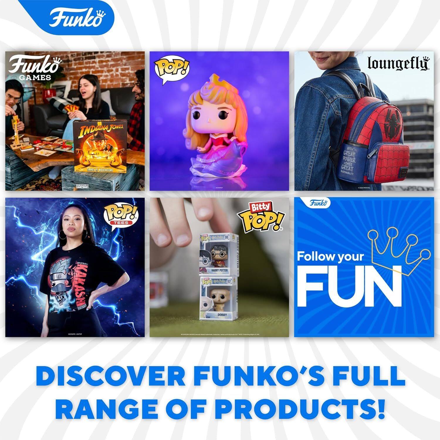 Funko, Funko Pop!, Loungefly, Indiana Jones, Joms, Oriu, Cauventeri, Great Rower, Comet, Creat, ADO, Kakashi, Mimu, Top! Tees, Funko Bitty, Top! Fort, F0%, S, 0, NIE, Follow your fun, Discover Funko's full range of products!