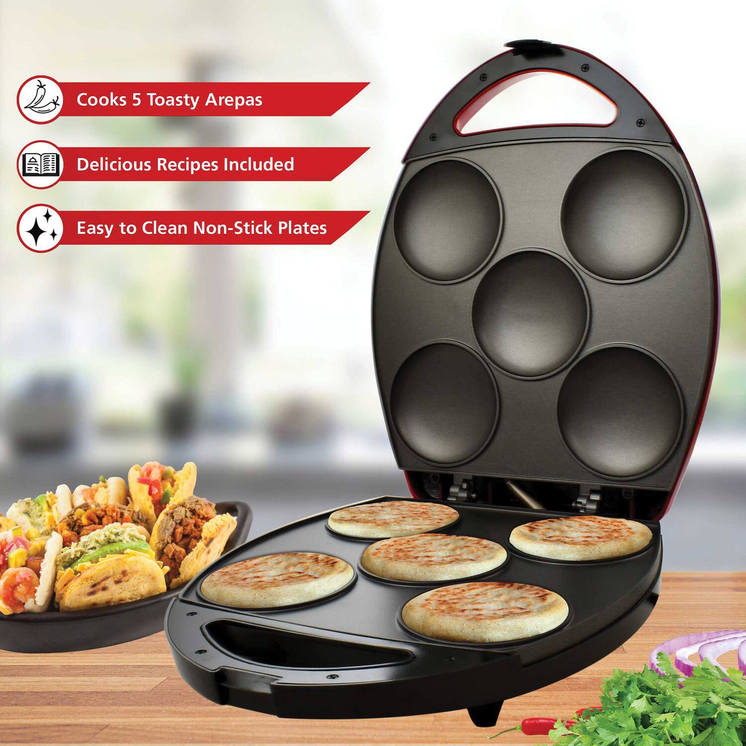 - Cooks 5 Toasty Arepas
- Delicious Recipes Included
- Easy to Clean Non-Stick Plates