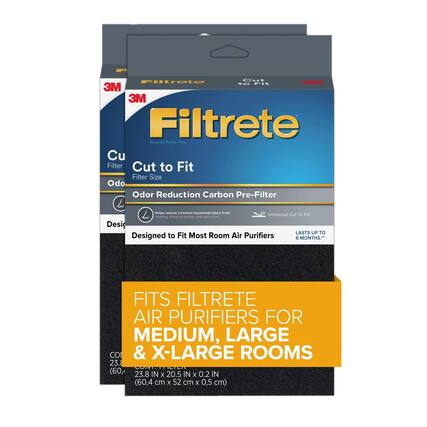 Sure, here is the corrected and grouped text from the image:
---
**3M Filtrete**
**Cut to Fit Filter Size**
**Odor Reduction Carbon Pre-Filter**
Helps reduce common household odors from cooking, tobacco smoke, pets, and more
**Designed to Fit Most Room Air Purifiers**
**LASTS UP TO 6 MONTHS**
**FITS FILTRETE AIR PURIFIERS FOR MEDIUM, LARGE & X-LARGE ROOMS**
**Dimensions: 23.8 IN x 20.5 IN x 0.2 IN (60.4 cm x 52 cm x 0.5 cm)**
---
This text is organized to reflect the information on the packaging clearly and accurately.