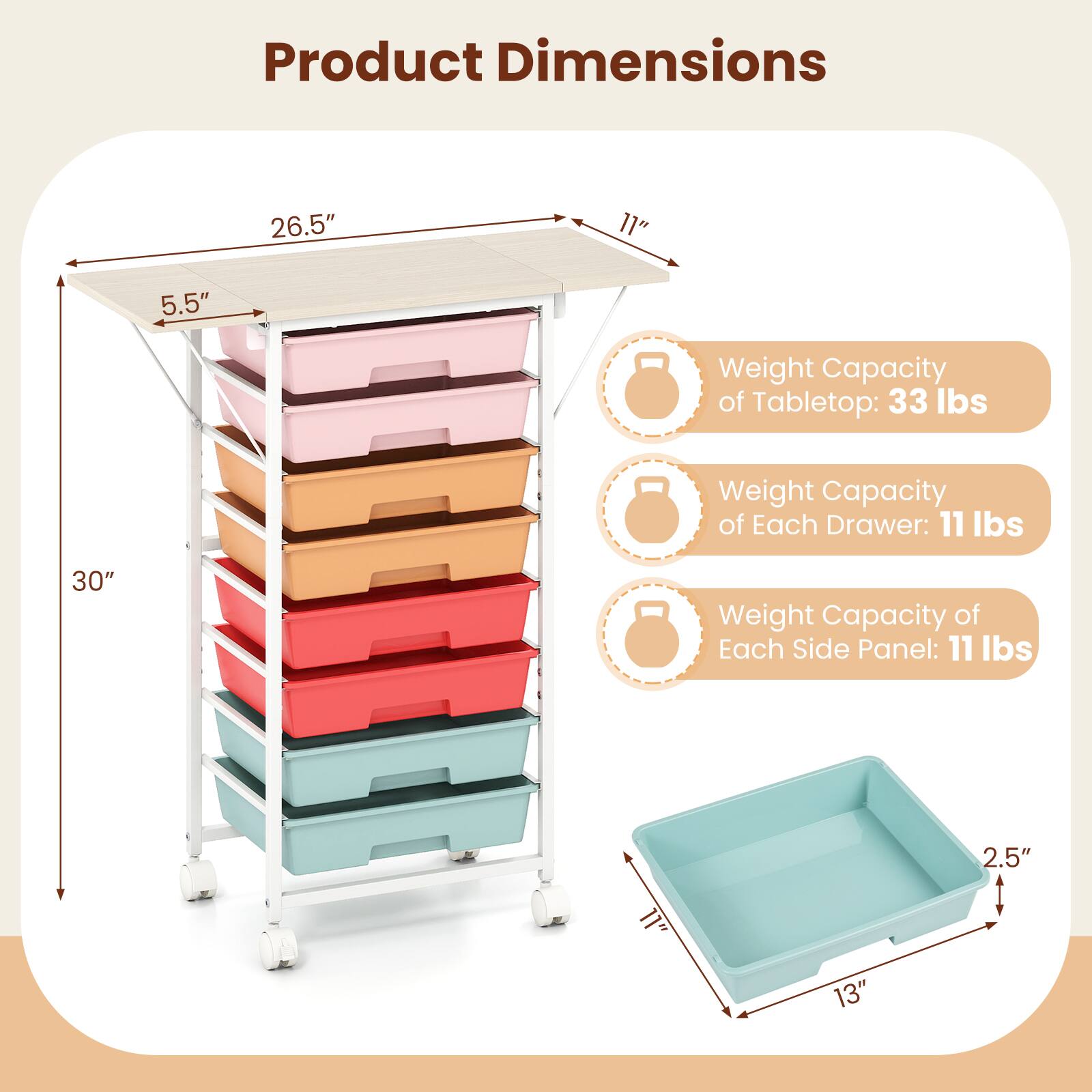 Product Dimensions

- 26.5"
- 11"
- 5.5"
- 30"
- 2.5"
- 13"

Weight Capacity

- Weight Capacity of Tabletop: 33 lbs
- Weight Capacity of Each Drawer: 11 lbs
- Weight Capacity of Each Side Panel: 11 lbs