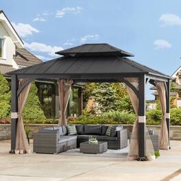 SUNJOY - 2-Tier Steel Roof Woodgrain Tall Gazebo 13' × 15' - Black