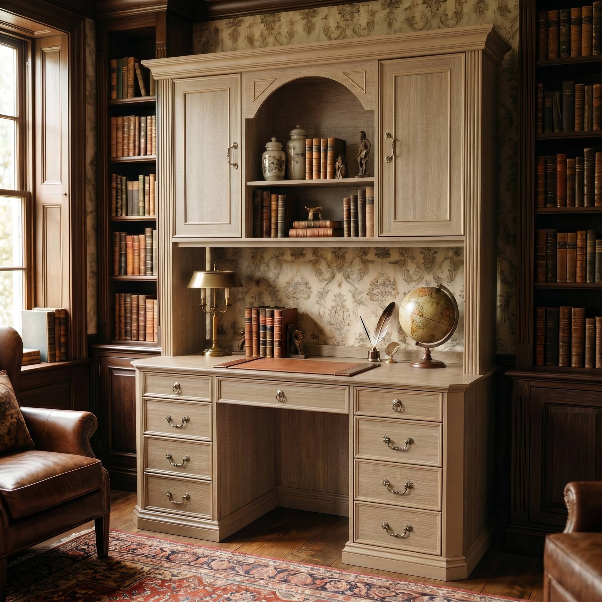 Angle. Famapy - Bookcase Desk with Hutch & Drawers, Large Computer Desk with Arched Shelves for Home Library Student Writing Station - Light Wooden.