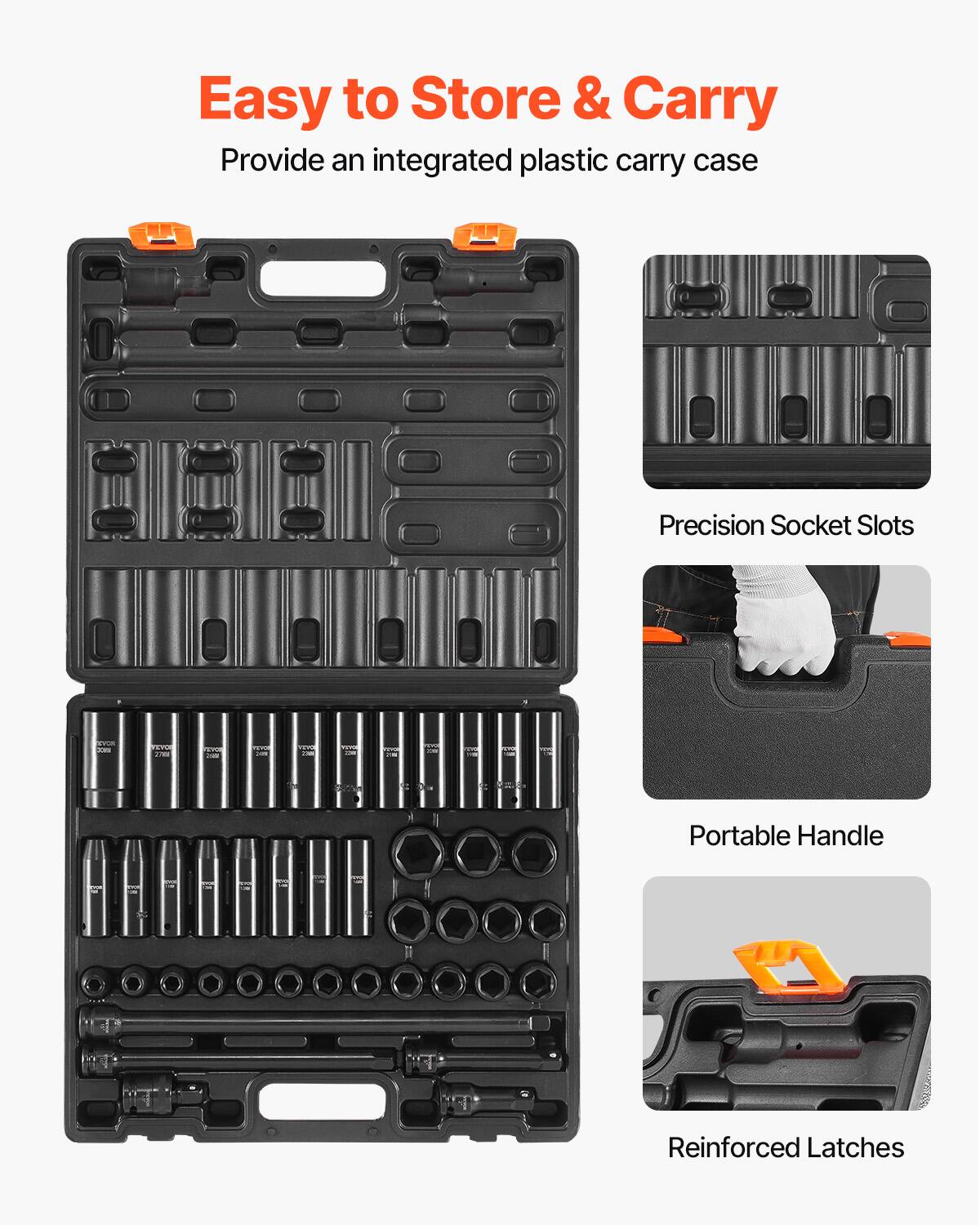 Easy to Store & Carry
Provide an integrated plastic carry case
Precision Socket Slots
Portable Handle
Reinforced Latches