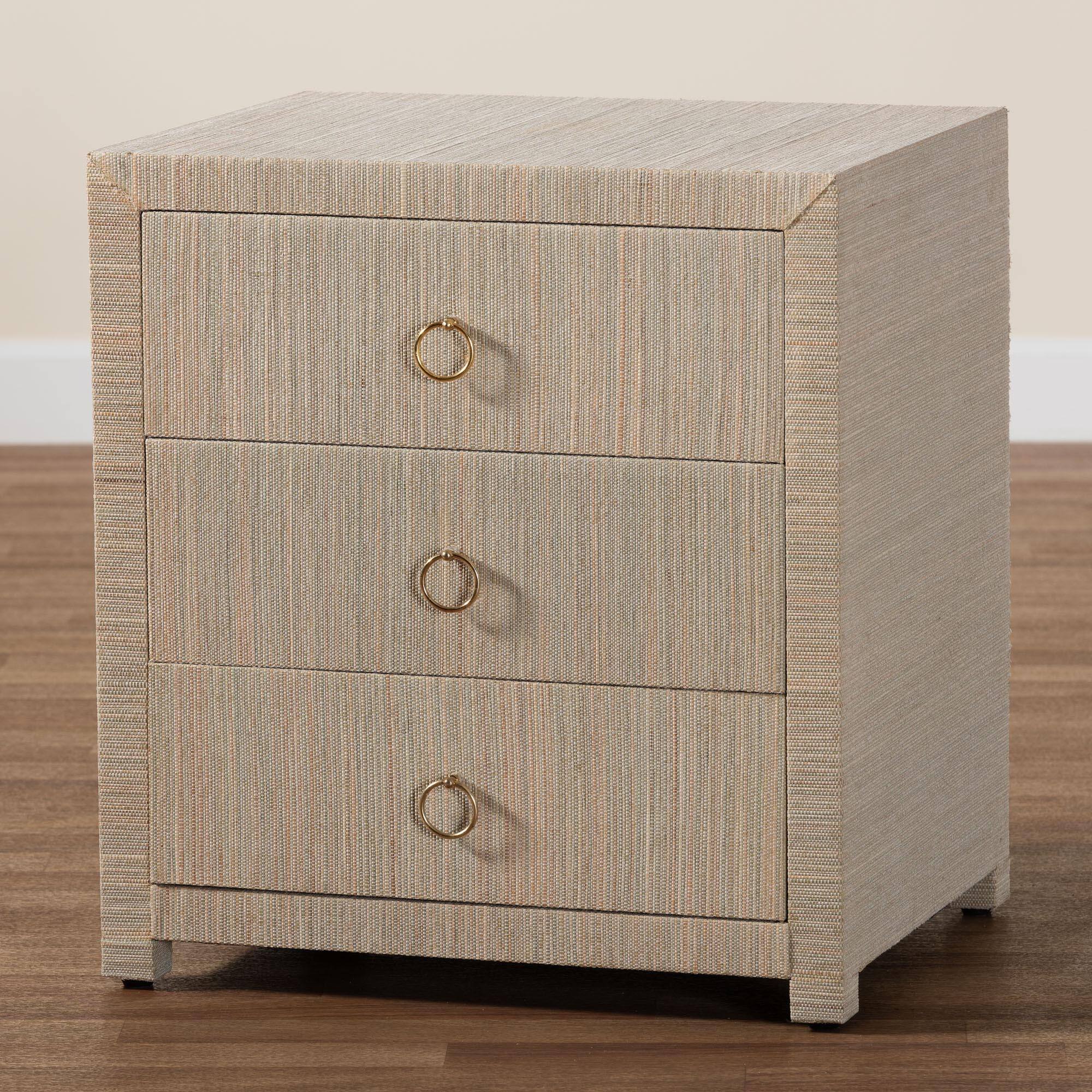 Alt View 6. bali & pari - Quinn Bohemian Woven Natural Grasscloth 3-Drawer Nightstand - Natural/Gold.