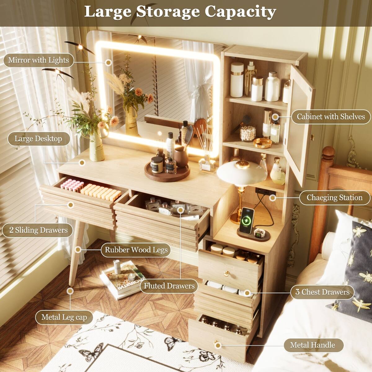Large Storage Capacity  
Mirror with Lights  
Cabinet with Shelves  
Large Desktop  
Charging Station  
2 Sliding Drawers  
Rubber Wood Legs  
Fluted Drawers  
3 Chest Drawers  
Metal Leg Cap  
Metal Handle