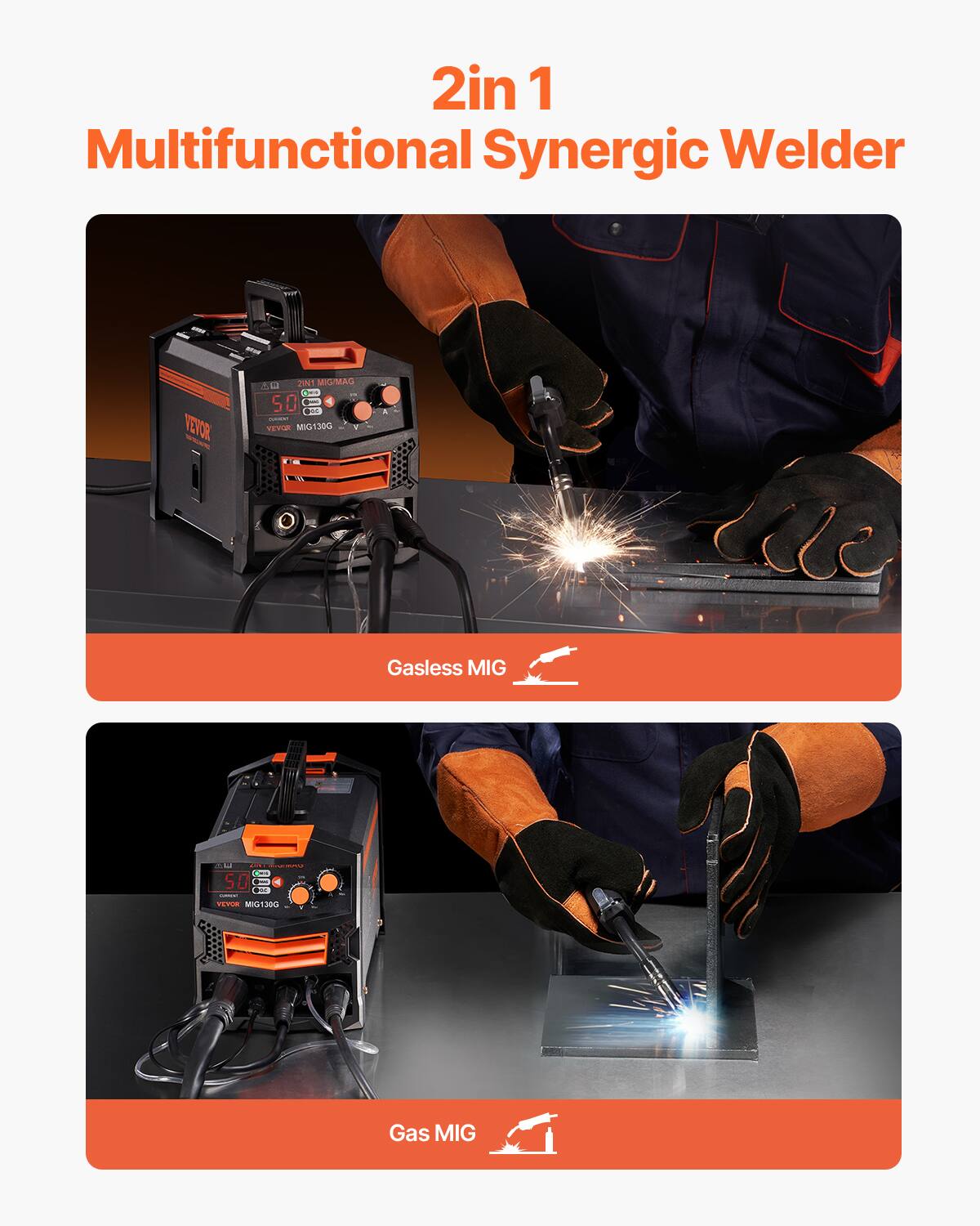 2in 1 Multifunctional Synergic Welder  
VEVOR MIG130G - Gasless MIG  
VEVOR MIG130G - Gas MIG