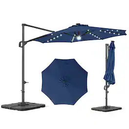 Costway - 10 FT Cantilever Patio Umbrella with 35 Solar LED Lights 220 LBS Base 360° Rotation - Navy + Black