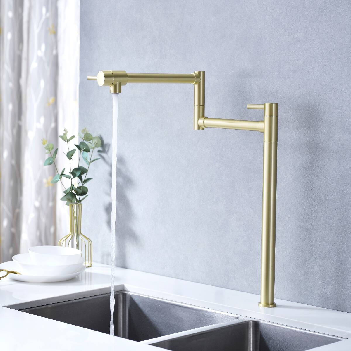 Alt View 4. Ropilly - Ropilly Wall Mount Pot Filler Faucet, Brass Pot Filler Faucet in Gold With Double Handles and Swivel Arm - Gold.
