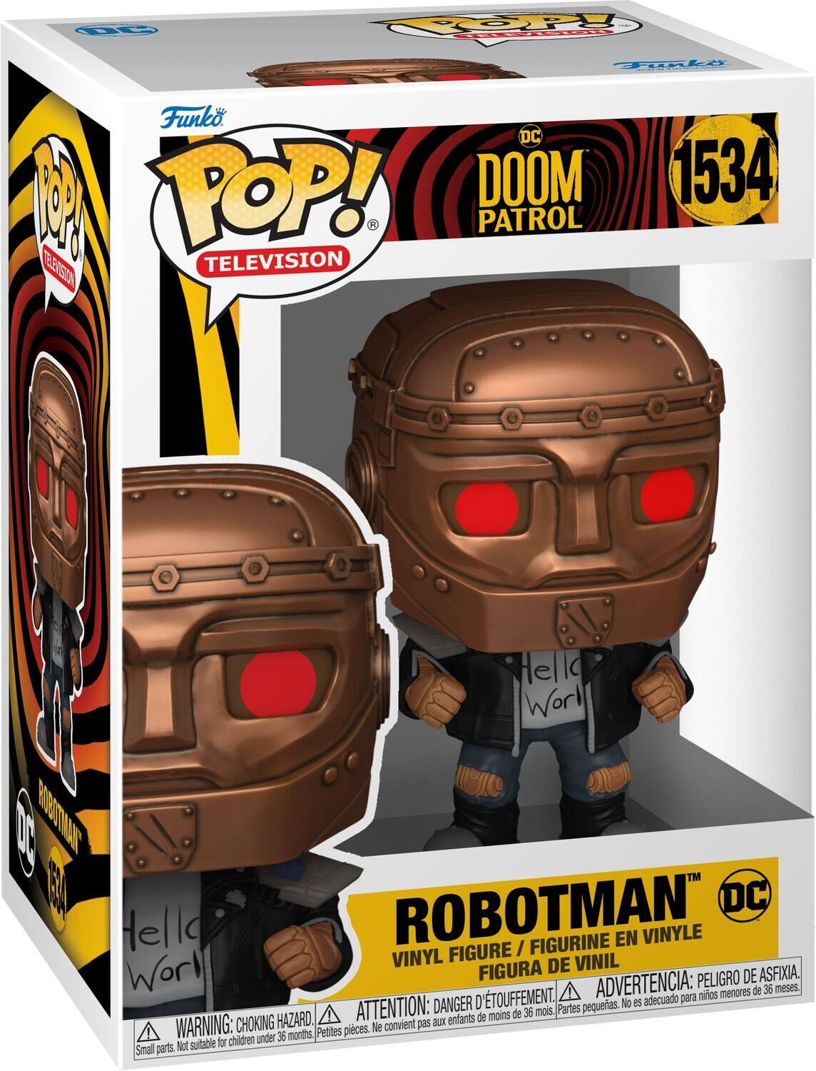 Funko, DC, POP!, DOOM Patrol, 1534, Television, Television, Hello World, Robotman, DC, Figure / Figurine en Vinyle, Vinyl, Vinyl, Figura de Vinil, Peligro de asfixia, D'étouffement, Advertencia: peligro de asfixia, menores de 36 meses, DANGER, No es adecuado para, ATTENTION: de 36 mois, Partes pequeñas, Petites pieces, Not suitable for children under 36 months, Choking hazard, Warning: choking hazard, Smal parts, enfants de moins, convient pas aux