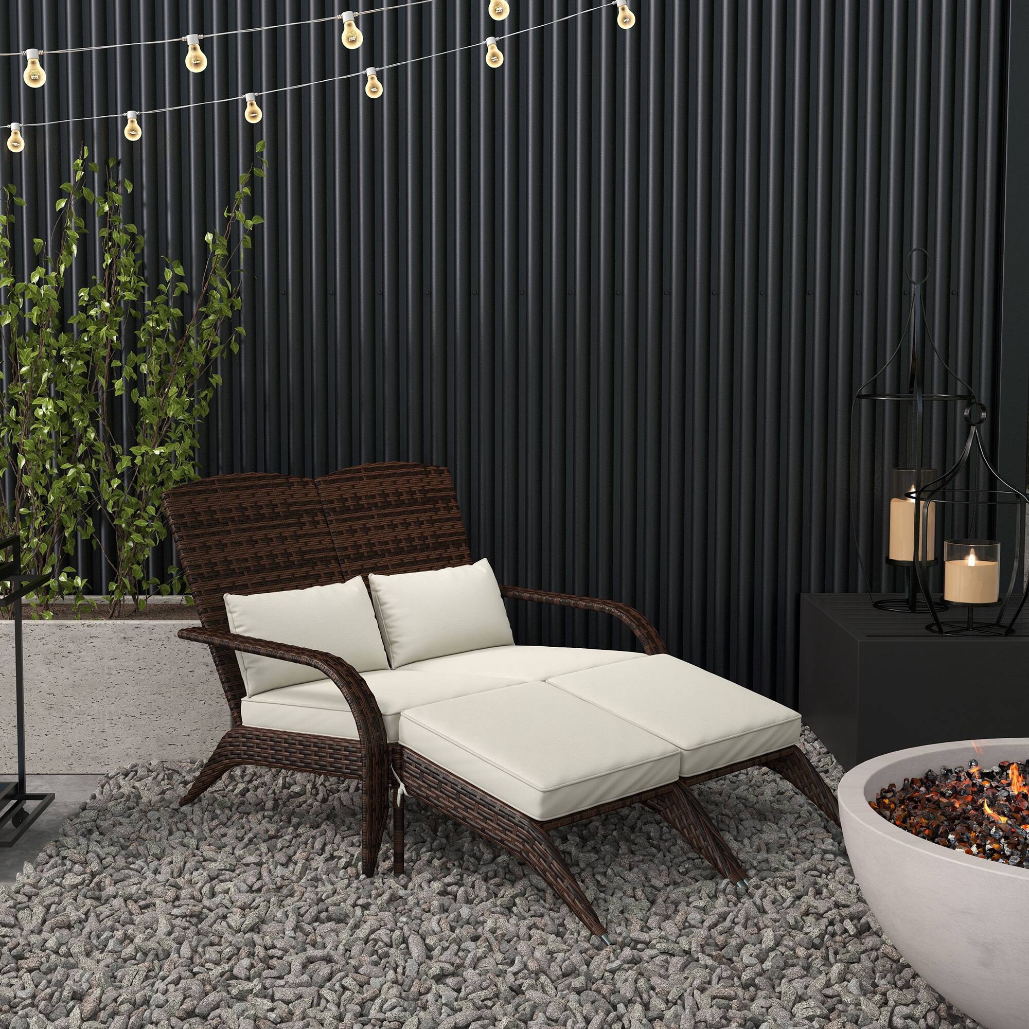 Alt View 1. Outsunny - Wicker Adirondack Chair for 2 with Cushions & Footrests, PE Rattan Double Chaise Lounge Chair - Cream White.