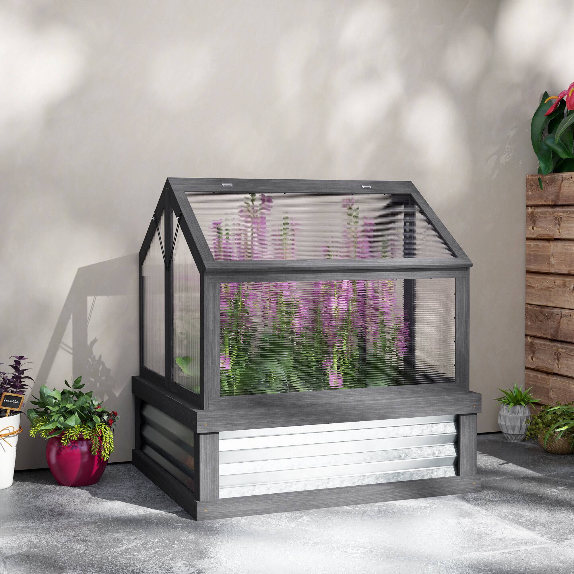 Alt View 7. Outsunny - Raised Garden Flower Bed Kit with Greenhouse, Wooden Cold Frame Planter.