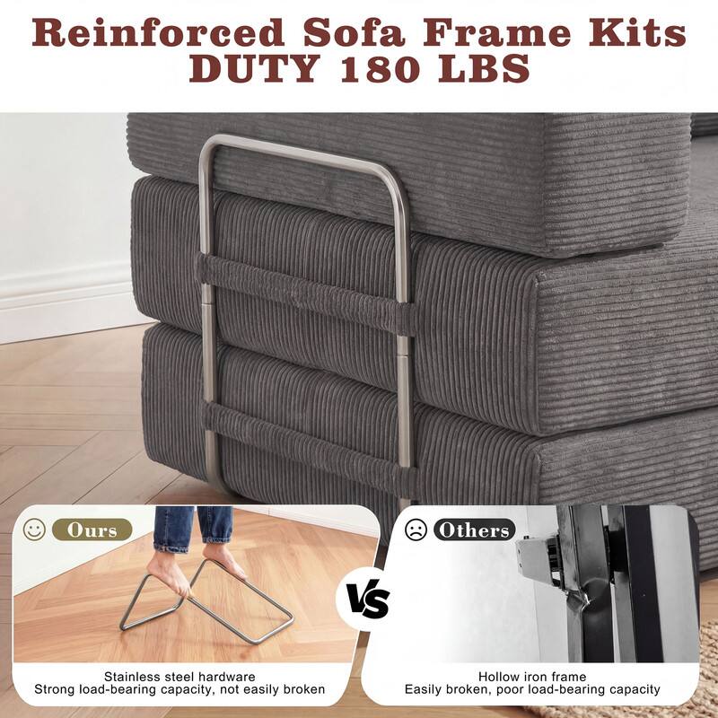 Reinforced Sofa Frame Kits  
DUTY 180 LBS  

Ours  
Stainless steel hardware  
Strong load-bearing capacity, not easily broken  

Others  
Hollow iron frame  
Easily broken, poor load-bearing capacity