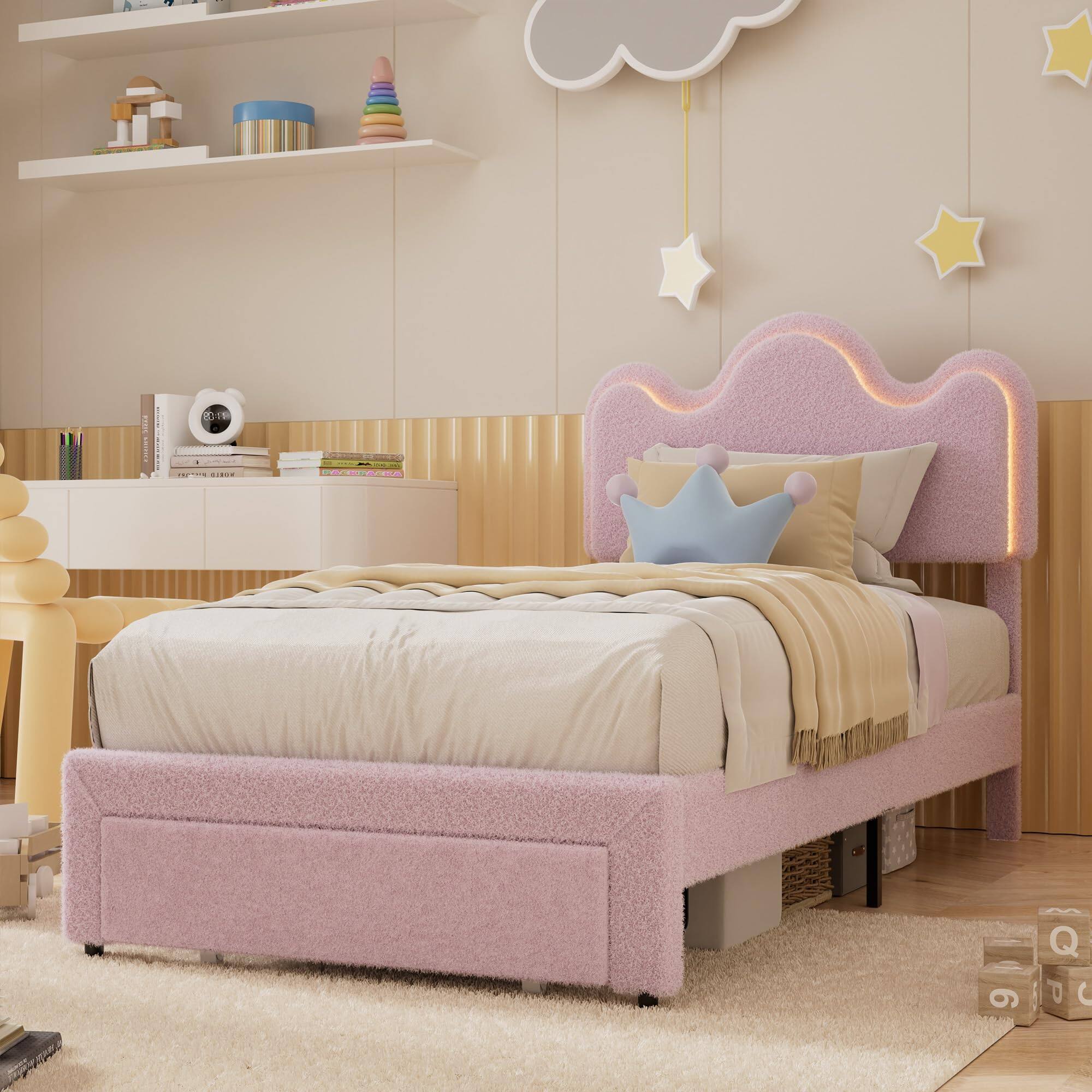Alt View 3. Acekool - Twin Bed Frames Lamb Velvet Twin Beds Cute Platform Bed Frame for Girls, Boys,Sturdy Platform Bed - Pink.
