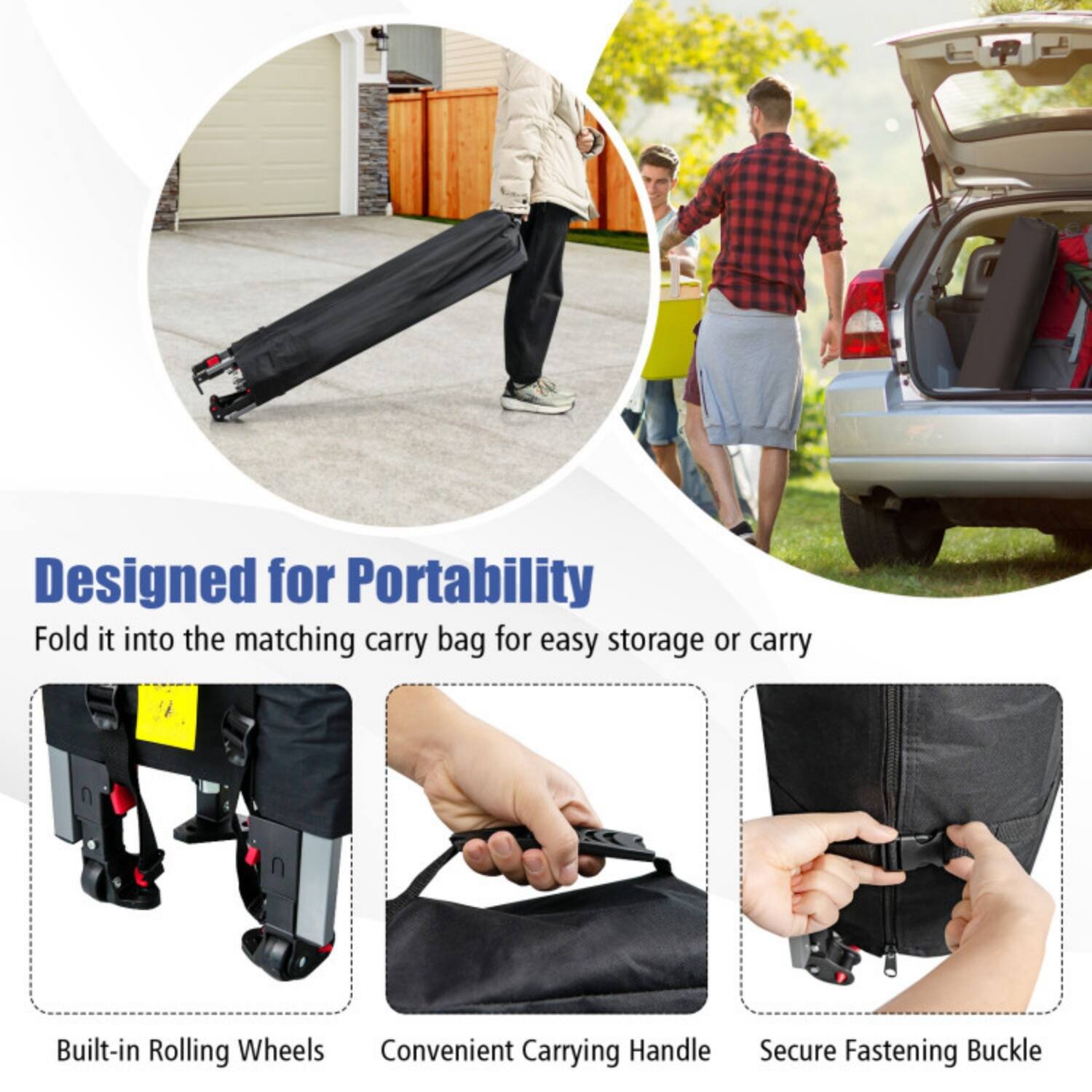 Designed for Portability  
Fold it into the matching carry bag for easy storage or carry

- Built-in Rolling Wheels
- Convenient Carrying Handle
- Secure Fastening Buckle