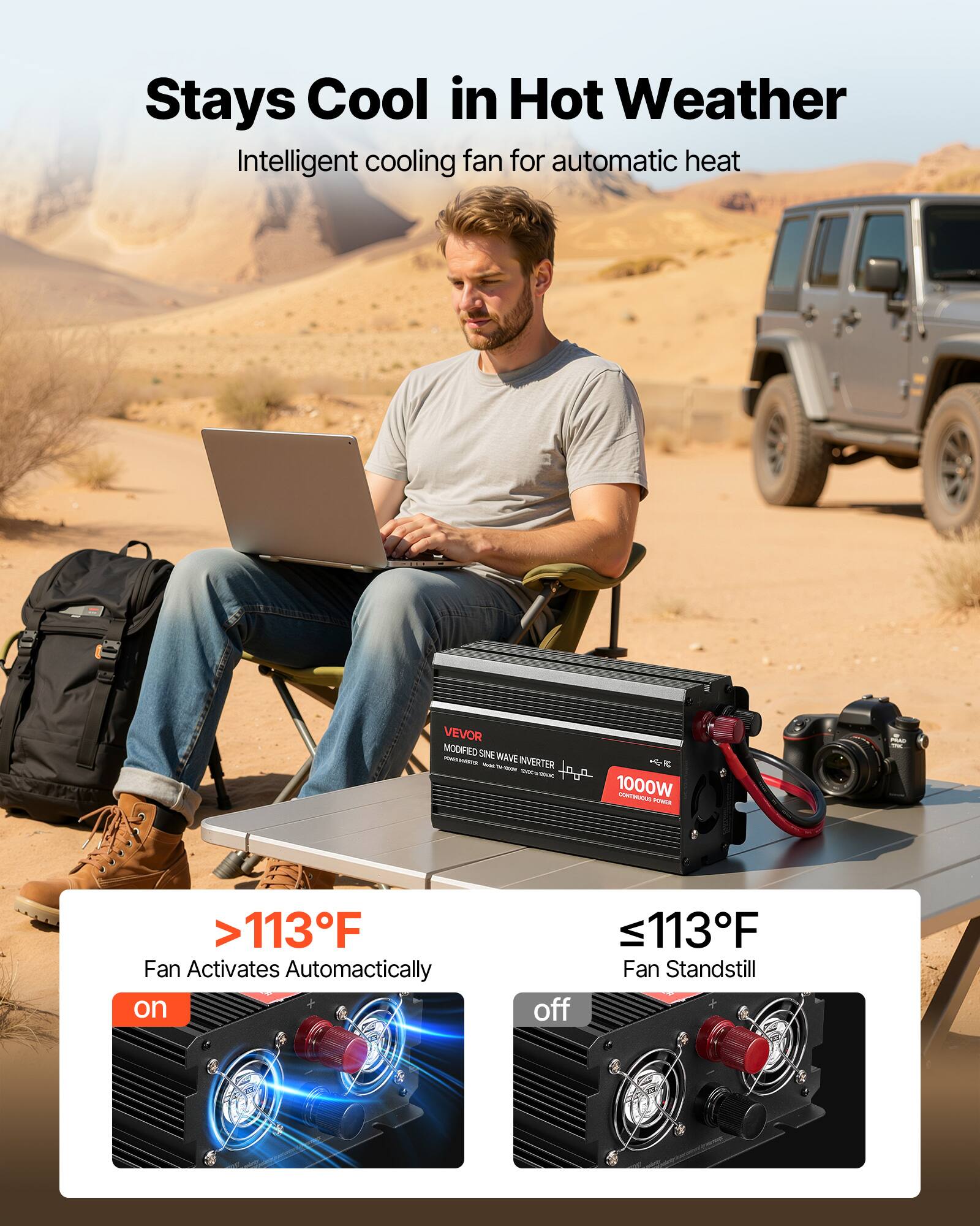 Stays Cool in Hot Weather  
Intelligent cooling fan for automatic heat

VEVOR MODIFIED SINE WAVE INVERTER  
1000W CONTAINS VIVO

>113°F  
Fan Activates Automatically  
on

≤113°F  
Fan Standstill  
off