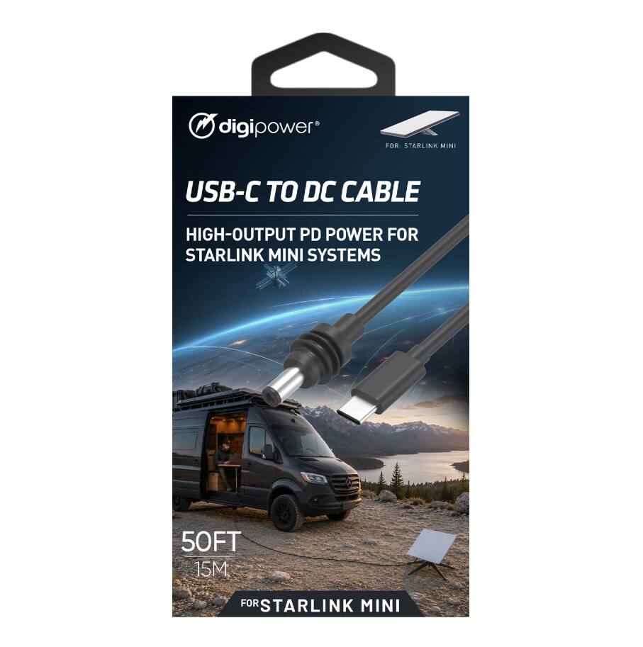 digipower  
FOR: STARLINK MINI  
USB-C TO DC CABLE  
HIGH-OUTPUT PD POWER FOR STARLINK MINI SYSTEMS  
50FT 15M  
FOR STARLINK MINI