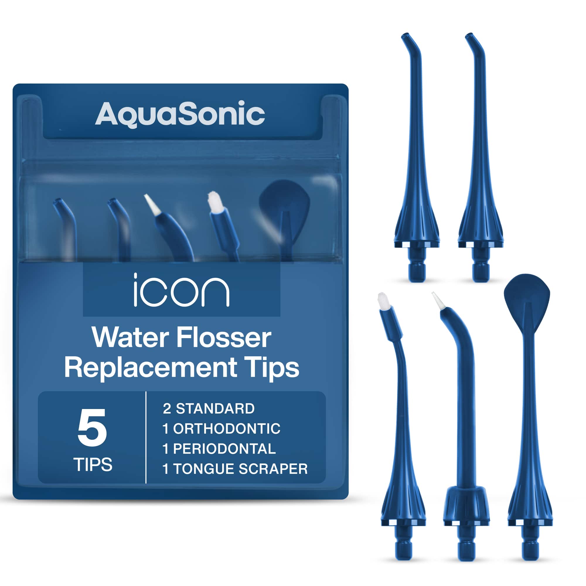 AquaSonic - Icon Water Flosser Replacement Tips – 5 Tips: Standard, Periodontal, Orthodontic & Tongue Scraper - Authentic Part - Navy