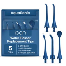 AquaSonic - Icon Water Flosser Replacement Tips – 5 Tips: Standard, Periodontal, Orthodontic & Tongue Scraper - Authentic Part - Navy