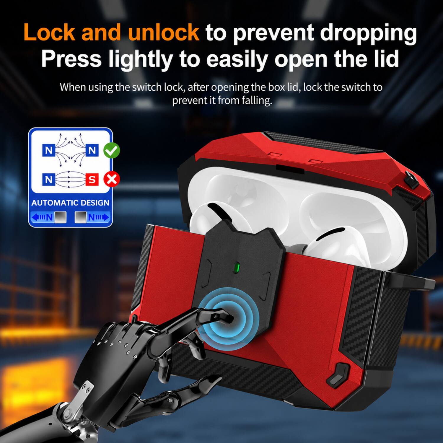 Lock and unlock to prevent dropping  
Press lightly to easily open the lid  

When using the switch lock, after opening the box lid, lock the switch to prevent it from falling.  

N N N S x  
AUTOMATIC DESIGN