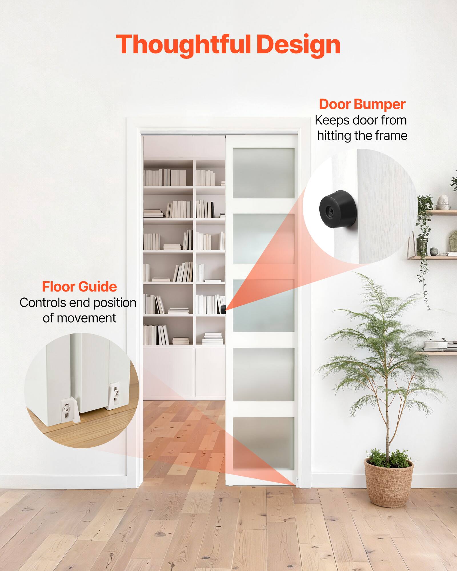 Thoughtful Design

Door Bumper
Keeps door from hitting the frame

Floor Guide
Controls end position of movement