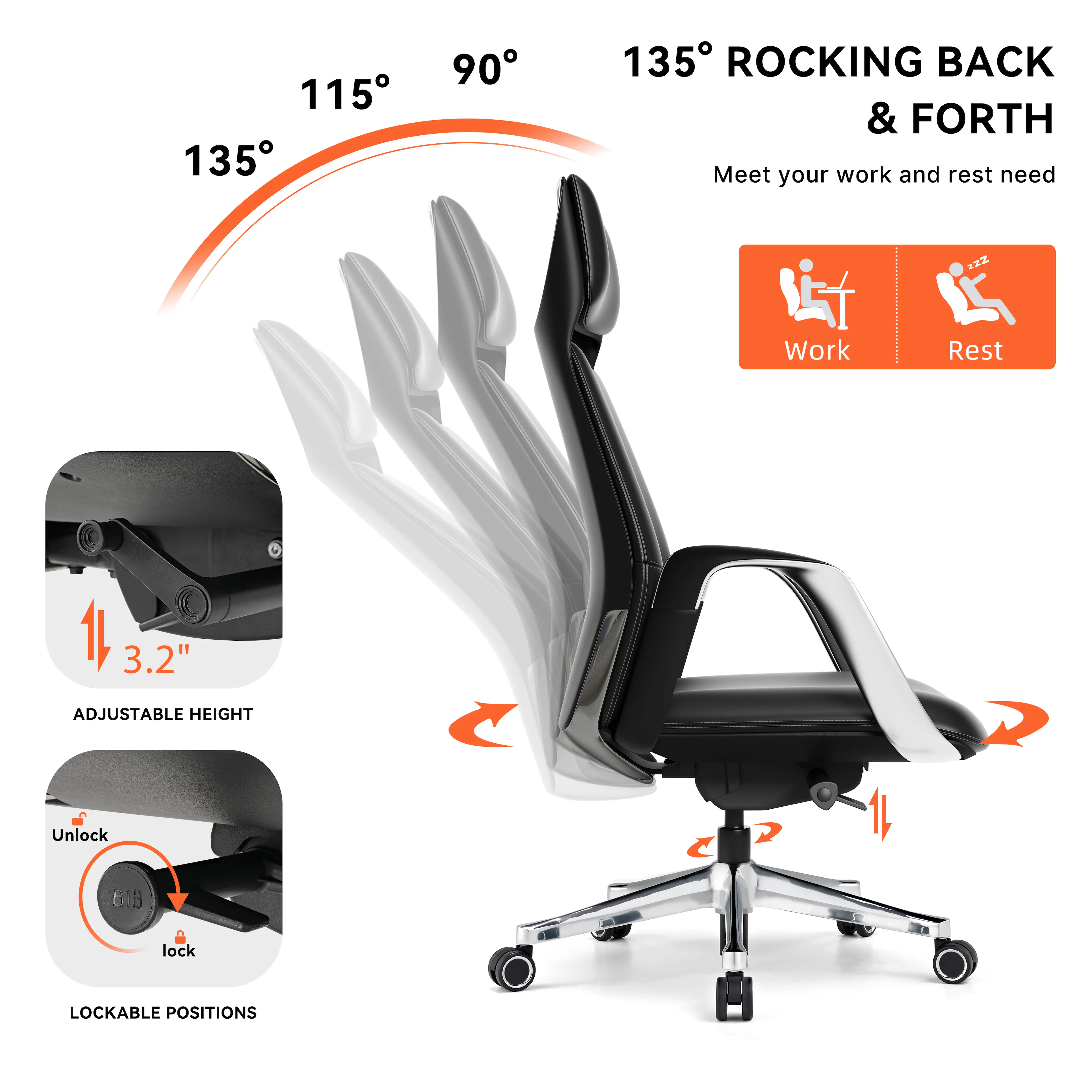 115° 90° 135° ROCKING BACK & FORTH  
Meet your work and rest need  
Work Rest  
3.2" ADJUSTABLE HEIGHT  
Unlock lock  
LOCKABLE POSITIONS