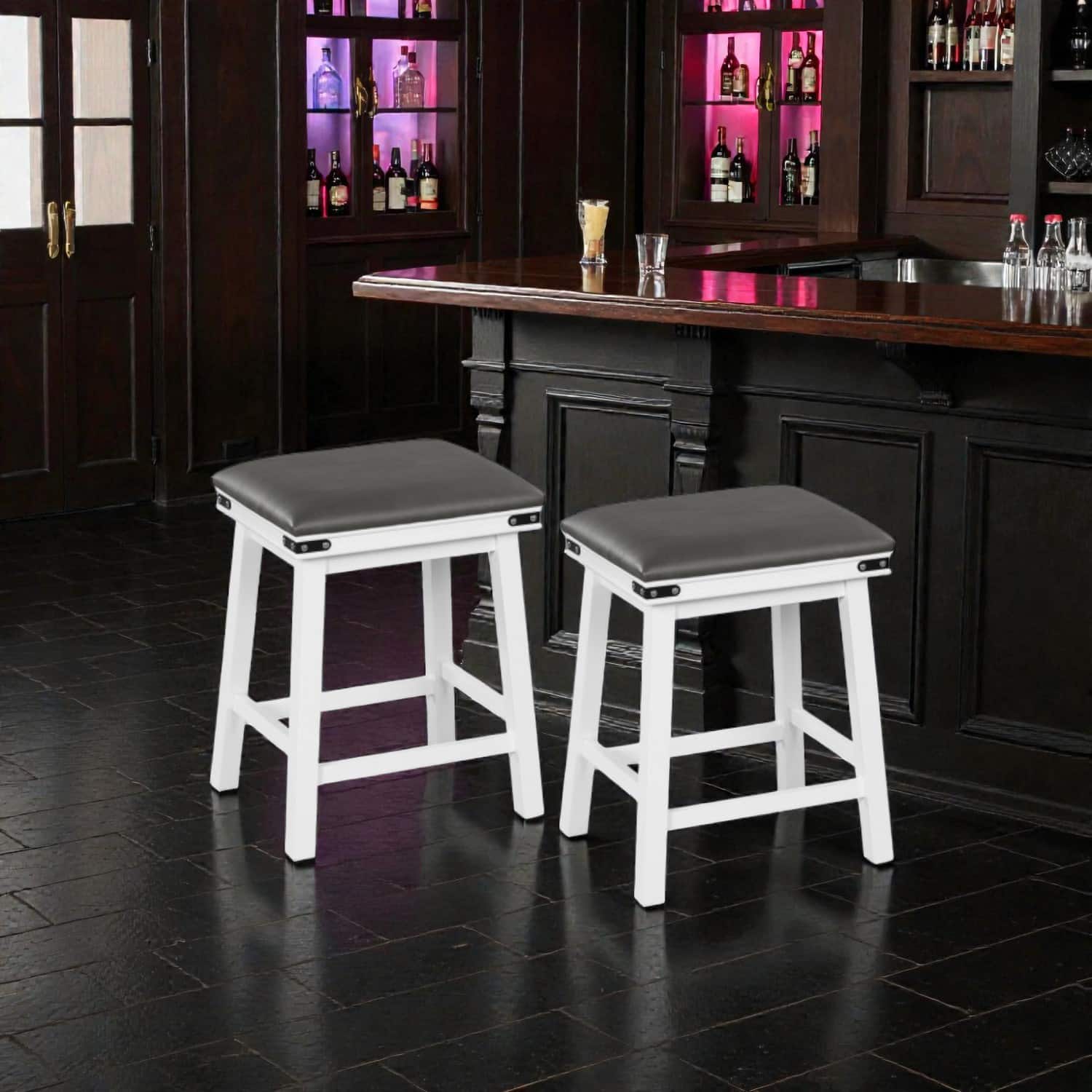 Hivvago - Set of 2 Acacia Wood Dining Bar Stools - 24 inches - White