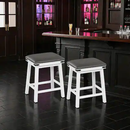Front. Hivvago - Set of 2 Acacia Wood Dining Bar Stools - 24 inches - White.