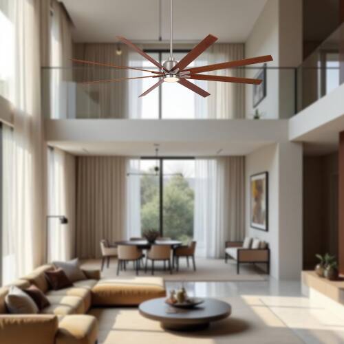 Angle. LUCKY ONE - 84" Oversized Ceiling Fan with Light Remote 8 Solid Wood Blades DC Motor - Brushed Nickel.