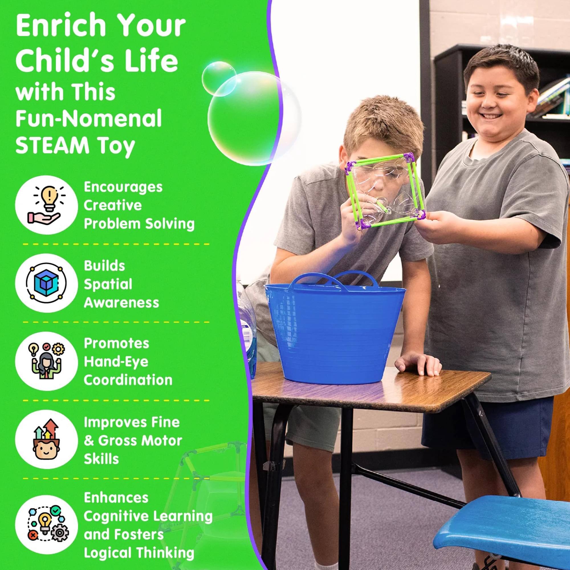 Enrich Your Child's Life with This Fun-Nomenal STEAM Toy!  
Encourages Creative Problem Solving  
Builds Spatial Awareness  
Promotes Hand-Eye Coordination  
Improves Fine & Gross Motor Skills  
Enhances Cognitive Learning and Fosters Logical Thinking