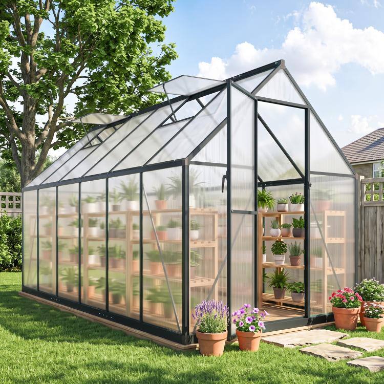 Alt View 2. PULUZ - Polycarbonate Greenhouse with Swing Door and Two Adjustable Roof Vents, Aluminum Walk-in Greenhouse, 11x6 ft - Black.