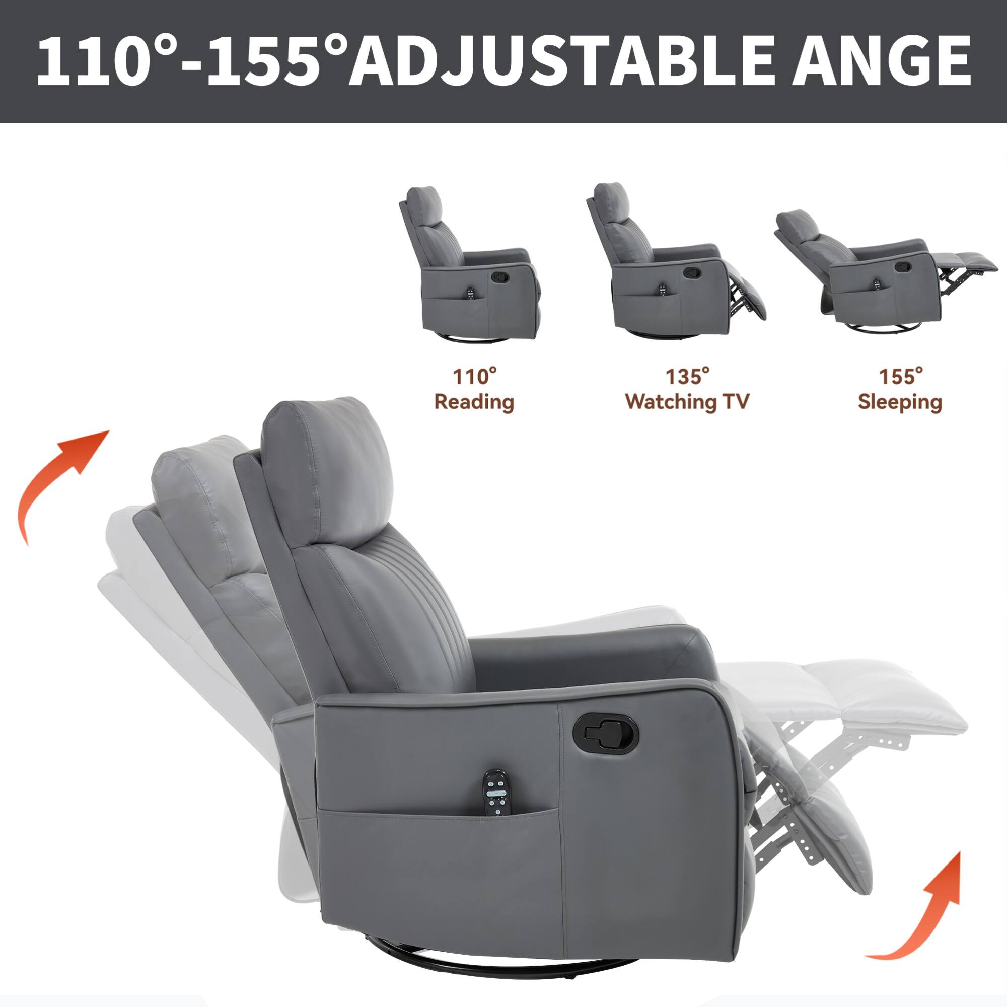 110°-155° ADJUSTABLE ANGLE

110° Reading  
135° Watching TV  
155° Sleeping