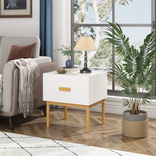 Angle. LUCKY ONE - Assembled White Nightstand 1-Drawer Solid Pine Legs - White.