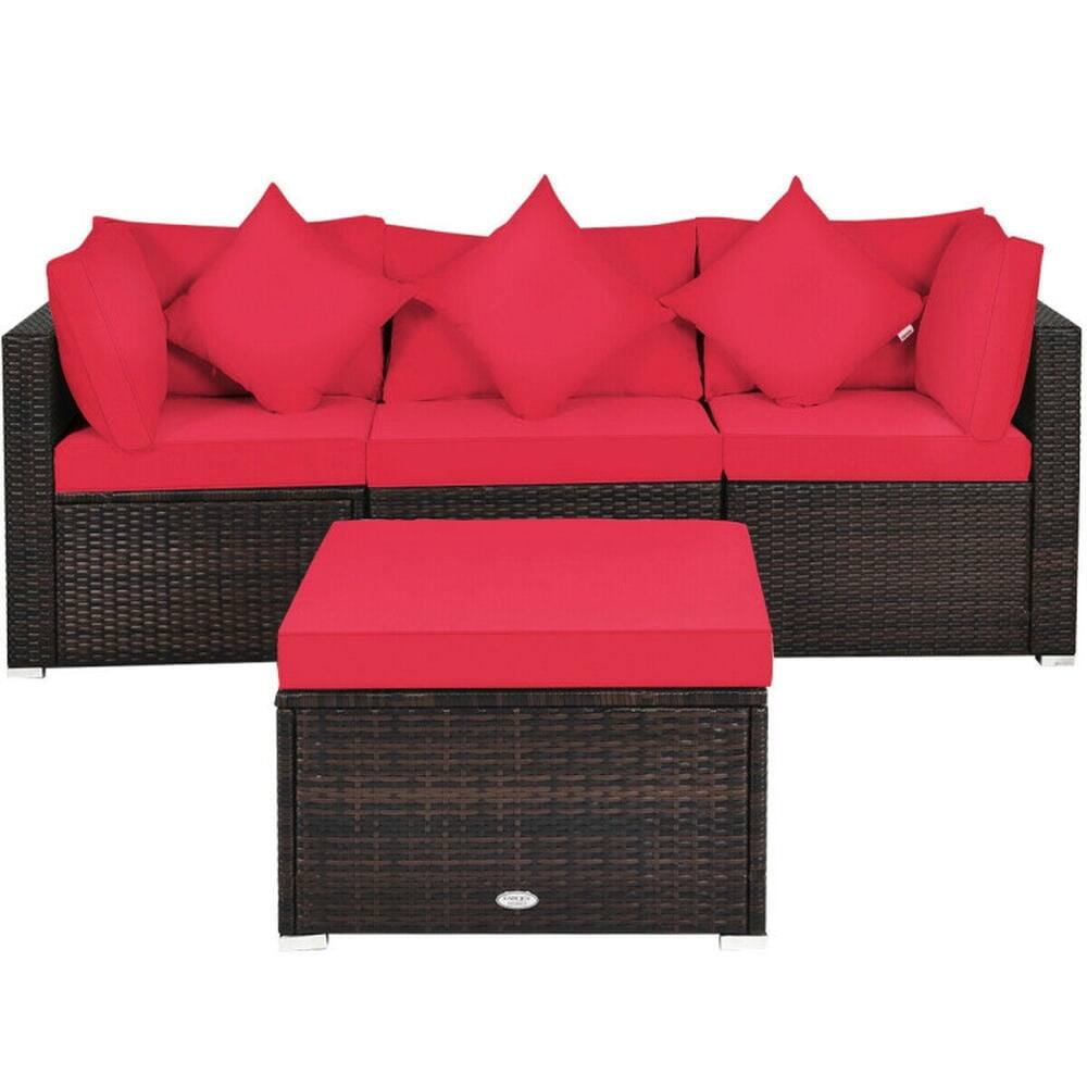 Back. Pefilos - 4 Pieces Patio Rattan Wicker Furniture Set with 2 Corner Sofas, Cushioned Sofa Furniture Set, Patio Conversation Sofa - Red.