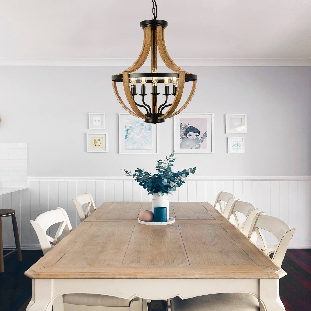 Alt View 4. Loheer - Loheer Five Light Farmhouse Chandelier with Geometric Wood Frame for Dining Room or Foyer.