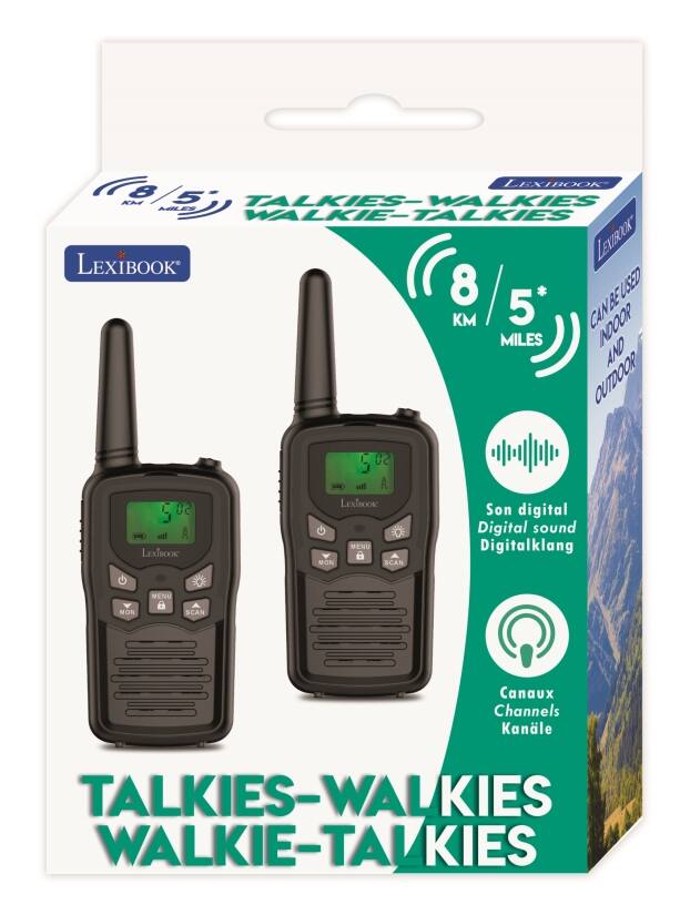 LEXIBOOK KhF 5 TALKIES-W WALKIES MALES WALKIE-TALKIES LEXIBOOK LEXIROOK 8 / BE USED KM 5' CAN INDOOR MILES AND OUTDOOR F 02 sll 50 W wil LEXTBOOK LEXTBOOK MENU MON SCAN Son digital Digital sound Digitalklang MENU * MON SCAN Canaux Channels Kanle TALKIES-WALKIES WALKIE-TALKIES