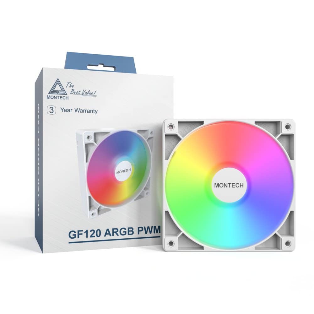 Montech - GF120 ARGB PWM Hydraulic Bearing Fan 800-1600RPM, Low Noise 25.5dBA, High Airflow 66.3CFM, 4-Pin - 120mm - White