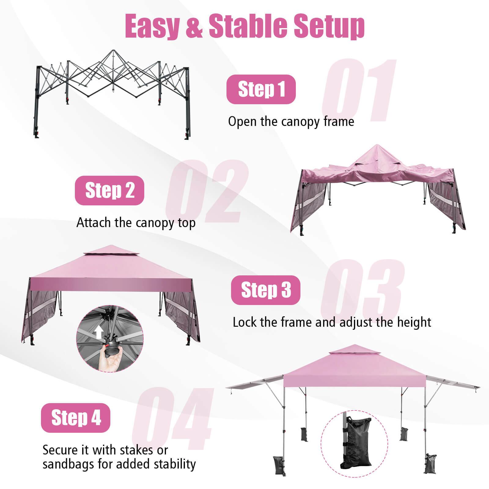 Easy & Stable Setup
Step 1 01 Open the canopy frame
Step 2 02 Attach the canopy top
Step 3 03 Lock the frame and adjust the height
Step 4 04 Secure it with stakes or sandbags for added stability