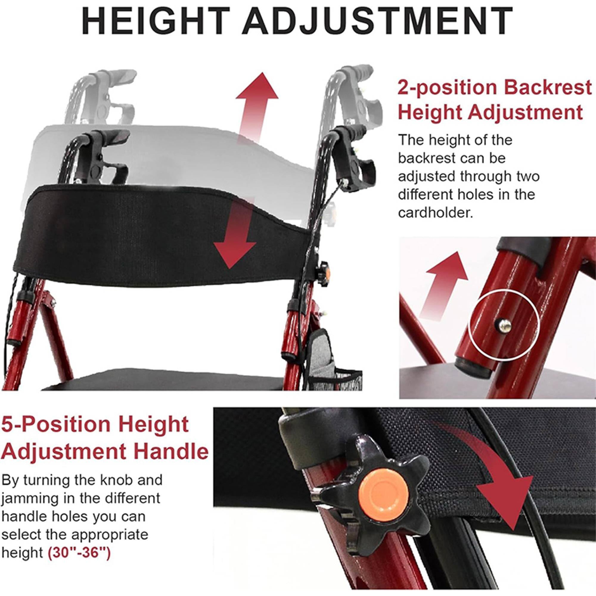HEIGHT ADJUSTMENT

2-position Backrest Height Adjustment
The height of the backrest can be adjusted through two different holes in the cardholder.

5-Position Height Adjustment Handle
By turning the knob and jamming in the different handle holes you can select the appropriate height (30"-36")